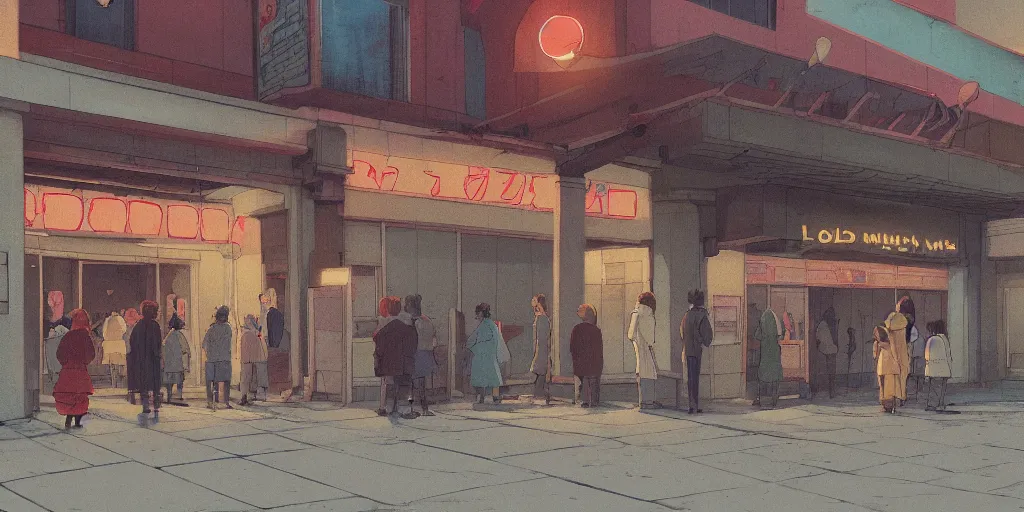 Image similar to loitering outside the old cinema, evening, hayao miyazaki, artstation