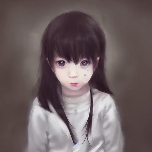 Prompt: a beautiful little girl by WLOP, pixiv, very white skin, sad black eyes, very black hair