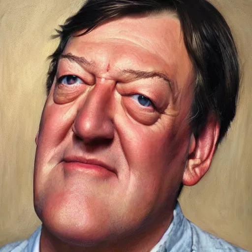 Prompt: close up face of a extremely beautiful Stephen Fry portrait, masterpiece painting, oil on canvas, artgerm, norman rockwell, craig mulins, trending on pxiv