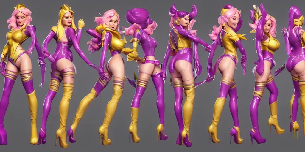 Image similar to character sheet of beautiful KDA More Miss Fortune (wild rift). 3d render, octane render, realistic, highly detailed, trending on artstation, 4k, trending on artstation, pixar, cgsociety, unreal engine 5, redshift render, trending on artstation, blender, behance, cg