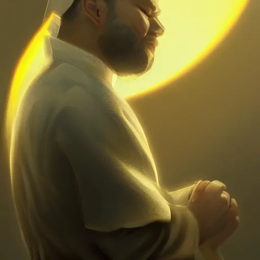 Image similar to Close up of a priest in his thirties fervently praying as he is about to die from the ominous yellow shadow descending upon him from the night sky. Low angle, dramatic lighting. Award-winning digital art, trending on ArtStation