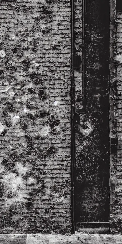 Image similar to texture of a grunge dirty alley, bullet holes, wall brick concrete plaster eroded worn, bullet holes, dark alley, hyper-realistic, ultra-realistic, intricate details, 4k, octane render, unreal 5, digital art