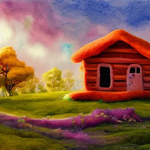 Image similar to a watercolor art in shape of volumetric!! wool felting small wooden house in the middle of spring forest, bright colours, children illustration, 4 k, matte painting, by rhads