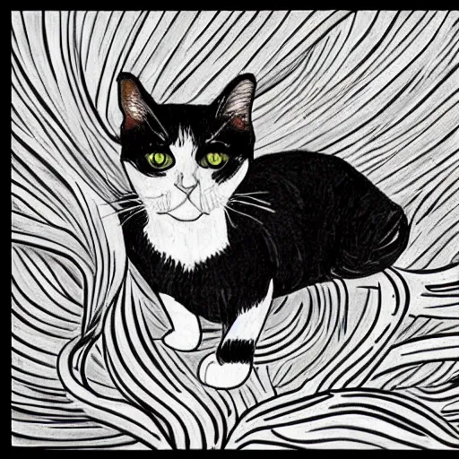 Prompt: draw a black and white cat in Vincent Van Gogh style