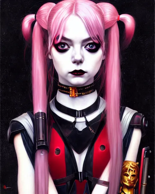 Image similar to portrait of beautiful cute young goth maiden anime harley quinn girl looks like emma stone in warhammer mechanical armor, high details, art by ( ( ( kuvshinov ilya ) ) ) and wayne barlowe and gustav klimt and artgerm and wlop and william - adolphe bouguereau