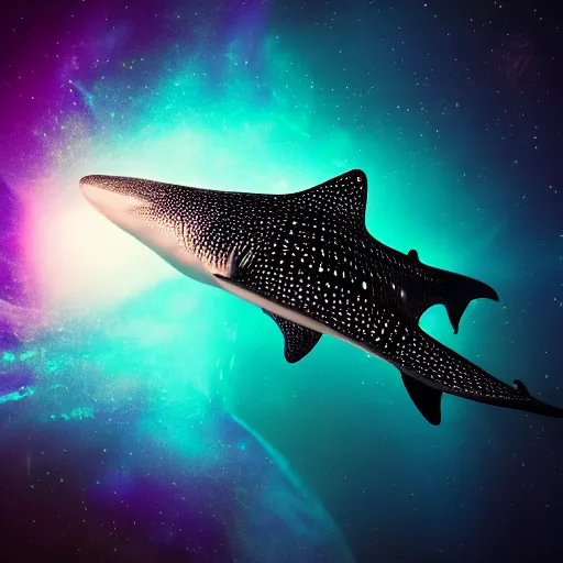 Prompt: octane render of a whale shark flying through a swirling, luminous nebula, elegant, ultra detailed