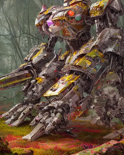 Image similar to mecha rabbit in wonderland, highly detailed, concept art, scifi, bizarre, abstract, colorful, forest, sharp focus, trending on artstation, intricate, atmosphere, art by roman makarenko, dzung phung dinh
