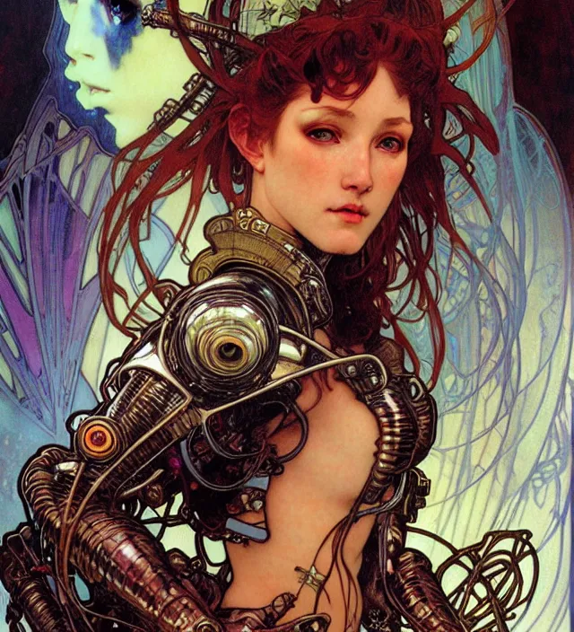 Prompt: realistic detailed face portrait of a goddess heroine character in alien cyberpunk armor by alphonse mucha, ayami kojima, amano, greg hildebrandt, and mark brooks, female, feminine, art nouveau, cyberpunk, neo - gothic, gothic, character concept design