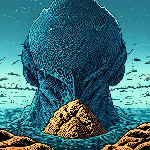 Prompt: a mountain of skulls amidst the ocean, photograph, realistic, morning light, dan mumford color scheme