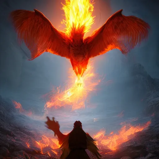 Prompt: fire mage summoning human size firebird : : wow 4 k detail fantasy, cgsociety, matte painting, wow, realistic materials, photo realistic, postprocessing n 9