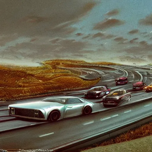 Prompt: organic cars moving fast on a huge road interchange in a desolated landscape, fluid, smooth, bright colours, high contrast, sharpness, beautiful, peaceful, very detailed, intricate, volumetric lighting, by giger and corben and moebius and beksinski and bosch and bacon