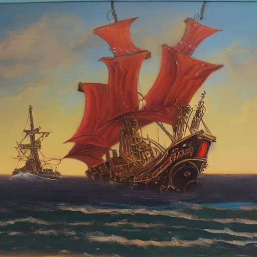 Image similar to oil painting of a pipe organ pirate ship