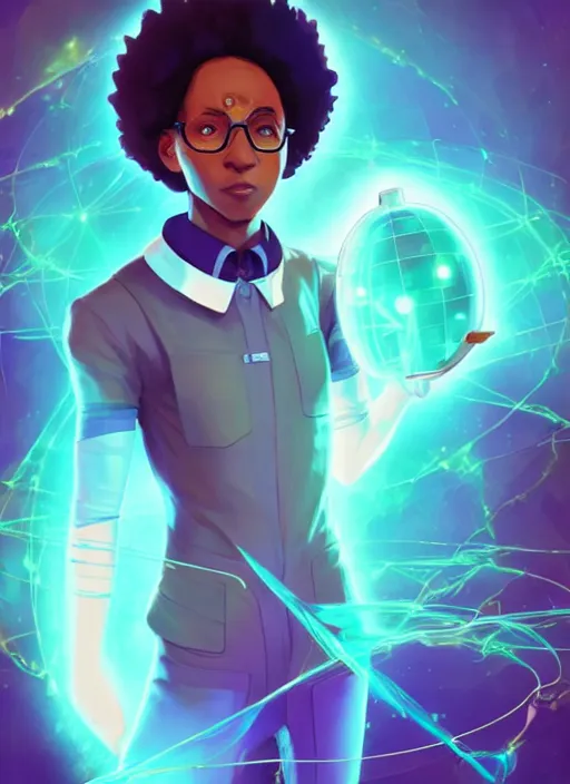 Prompt: afro - futurist scientist ( male, masculine ) in a lab studying holographic schematics + medium length shot | hyperrealistic digital painting by makoto shinkai, ilya kuvshinov, lois van baarle, rossdraws | afrofuturism in the style of hearthstone and overwatch, trending on artstation | purple palette and complimentary colors