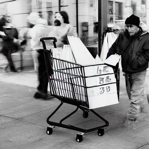 Image similar to a photograph of homeless jesus pushing a shopping cart