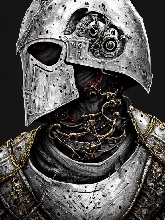 Image similar to portrait art of 8k ultra realistic undead medieval knight,detailed ornate helmet, detailed white and black intricate ornate armour,decaying, cybernetic, full of colour, cinematic lighting, battered, trending on artstation, 4k, hyperrealistic, focused, extreme details,unreal engine 5, cinematic, masterpiece, art by ayami kojima, giger