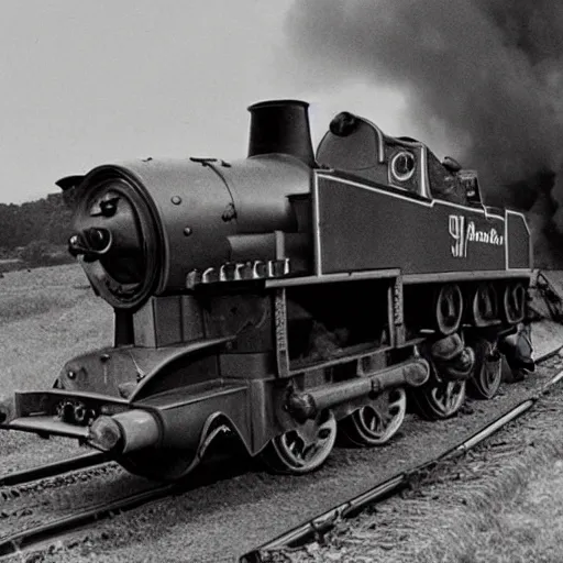 Image similar to WW2 era photograph of a rail artillery with a huge cannon pointed skyward and with Thomas the Tank Engine's face