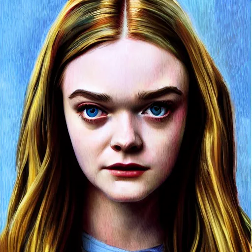 Prompt: professional painting of Elle Fanning in the style of Alan Davis, head and shoulders portrait, symmetrical facial features, smooth, sharp focus, illustration, intricate, stormy weather, extremely detailed masterpiece,