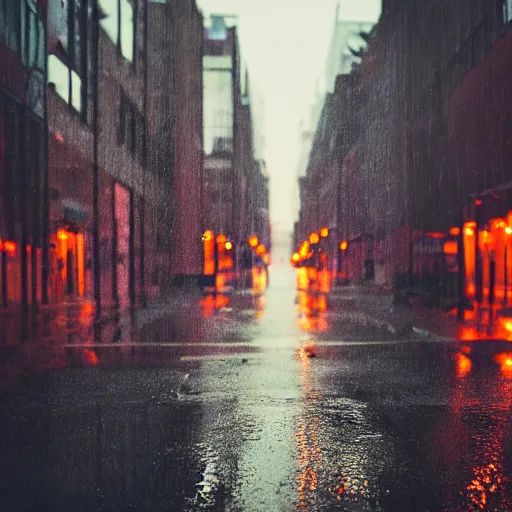 Prompt: a rainy urban street at night, lit by moody orange streetlights, at the end of dusk