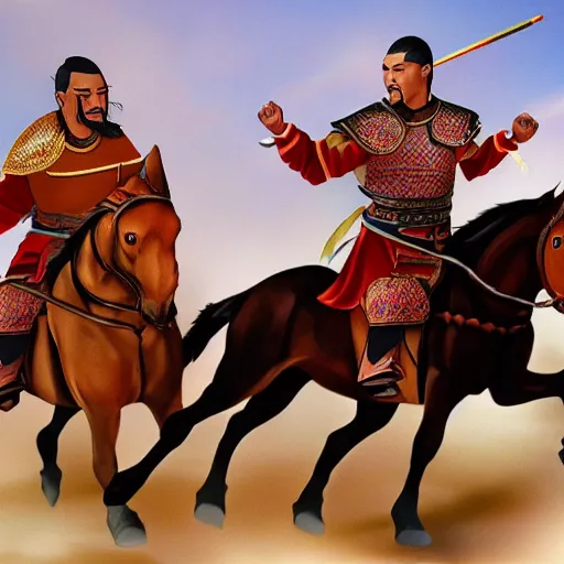 Image similar to genghis khan chasing obama, 4 k, photograph, realistic, detailed