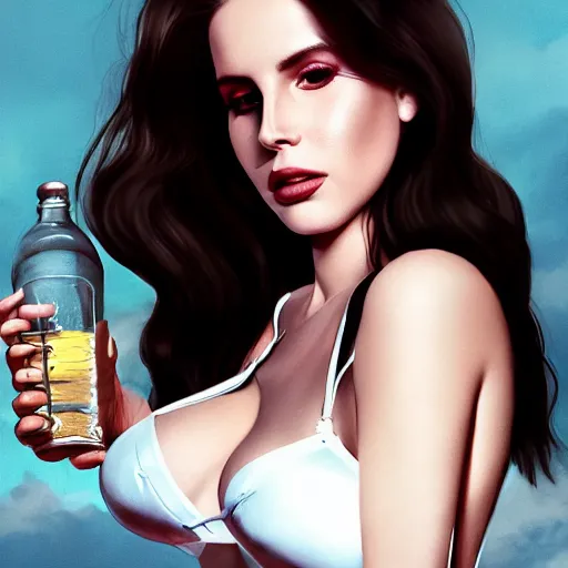 Image similar to detailed photo of lana del rey wearing a playboy bunny outfit emptying a bottle of water down her chest, 8 k, by greg rutkowski, artgerm, global illumination