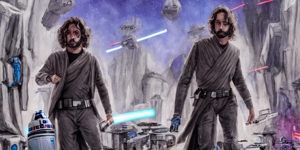 Image similar to a realistic star wars watercolor fantasy concept cart of chris d'elia as a drug dealer in a sleazy futuristic city of coruscant, hq, 4 k