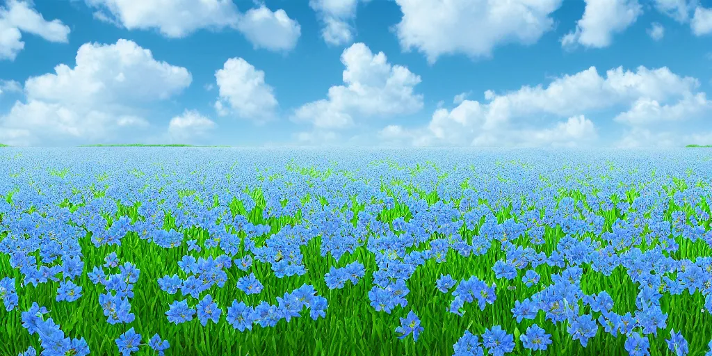 Image similar to field of light blue flowers, white background, matte painting