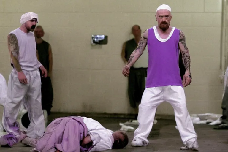 Image similar to walter white as a white gang member wearing a purple head covering made from a polyester or nylon material and a stained white tank top beating up a rival gang member in the prison yard, arms covered in gang tattoo, paparazzi, leaked footage, uncomfortable, bad quality