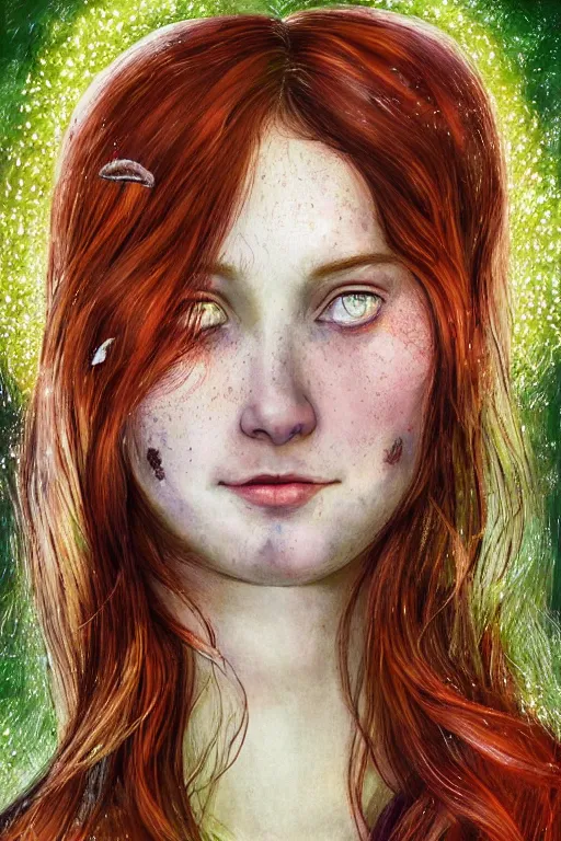 Image similar to infp young woman, smiling, amazed by golden fireflies lights, sitting in the midst of nature fully covered, long loose red hair, intricate linework, green eyes, small nose with freckles, oval shape face, realistic, expressive emotions, dramatic lights, spiritual scene, hyper realistic ultrafine art by cecco del caravaggio and albert bierstadt and artgerm