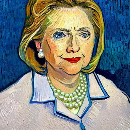 Image similar to detailed oil portrait of hillary clinton wearing pearl earrings, painted by van gogh
