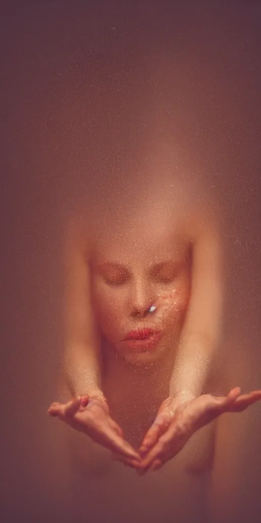 Image similar to a blurry closeup picture of woman's skin gripped tightly, female bodies, hands, dripping wet, macro photography, long exposure photograph, surrealism, anamorphic bokeh, cozy, soft light, cyan and orange, caustic, atmospheric fog, octane render, cinematic