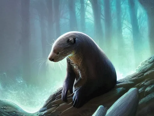 Prompt: legendary otter, named gashnu. his voice is a tune, his spell a song, his name a lullaby, but his purpose is cult, digital illustration detailed digital illustration for mtg. dnd fantasy epic illustration by seb mckinnon and peter mohrbacher. 4 k illustration asymmetry, cinematic action shot