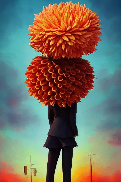 Image similar to closeup giant dahlia flower head, frontal, girl in a suit, standing in street, surreal photography, sunrise, dramatic light, impressionist painting, digital painting, artstation, simon stalenhag