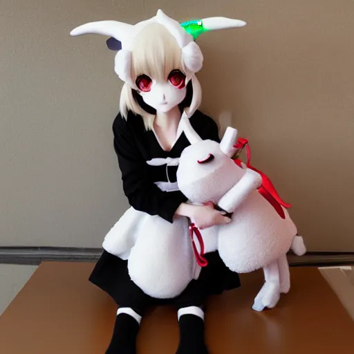 Image similar to cute fumo plush of a sheep girl with horns, anime girl, witch, vray