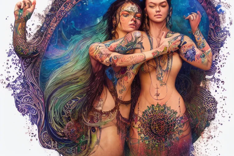 Prompt: a centered render of a alluring festival hippies with tribal tattoos surrounded by a underwater ink pour and flowing liquid galium and sacred geometry, perfect body face and hands, powerful, cinematic, beautifully lit, by artgerm, by karol bak, by donato giancola, by beeple, 3 d, trending on artstation, octane render, 8 k