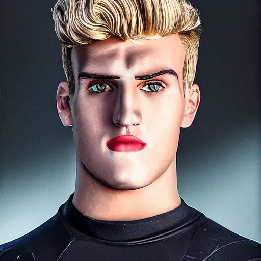 Image similar to a realistic detailed photo of a guy who is an attractive humanoid who is half robot and half humanoid, who is a male android, boxer and youtuber jake paul, shiny skin, posing like a statue, blank stare, at the museum, on display