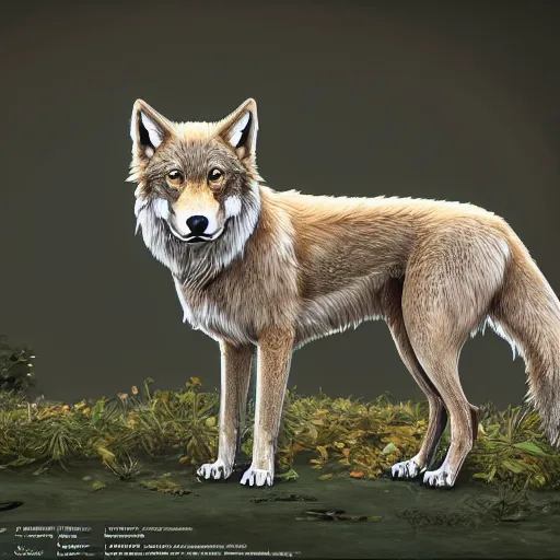 Image similar to professional stylized digital art of a full - body profile of a light brown tibetan wolf, tan accents, fluffy, falling leaves, hd, 8 k, highly detailed, high quality, cute