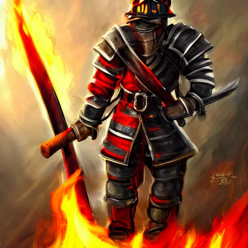 Prompt: A fantasy knight wearing firefighter gear and holding a fire axe, highly detailed, digital art, sharp focus, trending on art station, fire elemental, anime art style