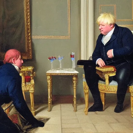 Image similar to boris johnson speaking with napoleon bonaparte painting by antoine - jean gros, realistic painting, 1 9 th century