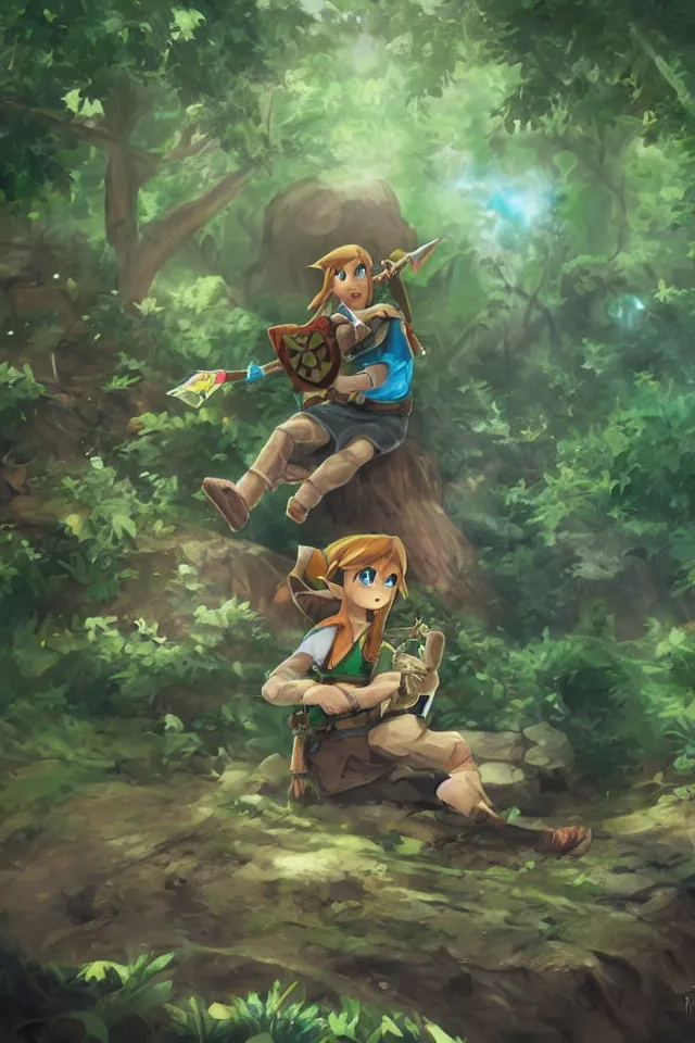 Image similar to a concept scene illustration of link sitting in woods of hyrule playing ocarina, with a crystal texture and a dreamy atmosphere ， super wide angle ， matte painting ， rtx on ， trending on cgsociety and artstation