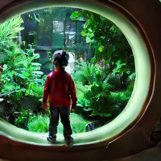 Image similar to little boy looking at some plants inside a spaceship, 3 d render, unreal engine, cinematic, octane scifi