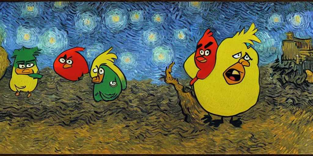 Image similar to An oil painting of the angry birds, by Van Gogh