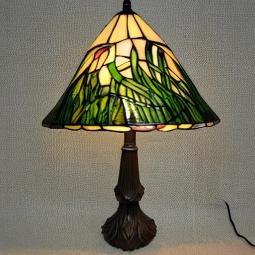 Prompt: beautifully detailed victorian art nouveau mushroom shaped tiffany lampshade, river reeds duckweeds close up abstract mallard feathers rubber leaves foliage, mucha tiffany kilian eng