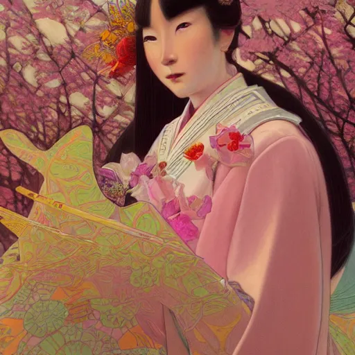 Image similar to a highly detailed portrait of a futuristic japanese princess, neon colored dress, beautiful detail and color, art by john collier and albert aublet and krenz cushart and artem demura and alphonse mucha, volumetric lighting, octane render, 4 k resolution, matte, sharp focus, illustration, art by jacque - louis david, baroque style