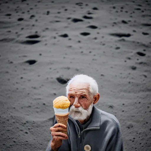 Image similar to an elderly man on the surface of the moon, 🌕, 🍦, eating ice cream, tourist, canon eos r 3, f / 1. 4, iso 2 0 0, 1 / 1 6 0 s, 8 k, raw, unedited, symmetrical balance, wide angle