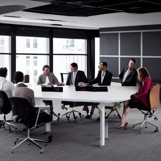 Prompt: a long shot, color studio photographic of a well designed conference meeting room with several business persons actively discussing and expressing various opinions, dramatic backlighting, photo from business insider 2 0 1 9, ultra realistic