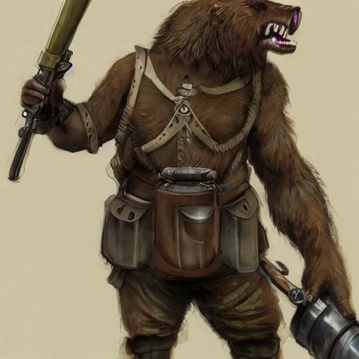 Image similar to concept art of a high fantasy ww1 bear beast-man soldier using a bazooka trending on artstation, detailed high resolution