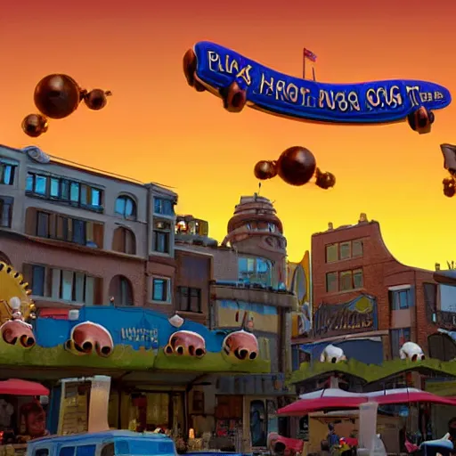 Image similar to pixar still of hotdogs falling from a blue sky at sunset in a steampunk city