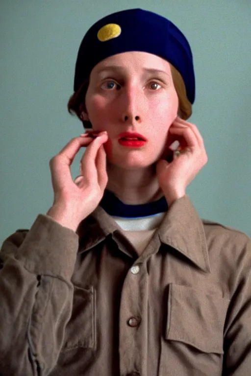 Image similar to beautiful wes anderson movie 3 5 mm film still, only one head single portrait team fortress 2 scout the girl with the pearl earring as the team fortress 2 scout team fortress 2 scout team fortress 2 scout scout team fortress 2 scout, absurdly beautiful, elegant, photographic ultrafine hyperrealistic detailed face wes anderson color, vintage, retro,