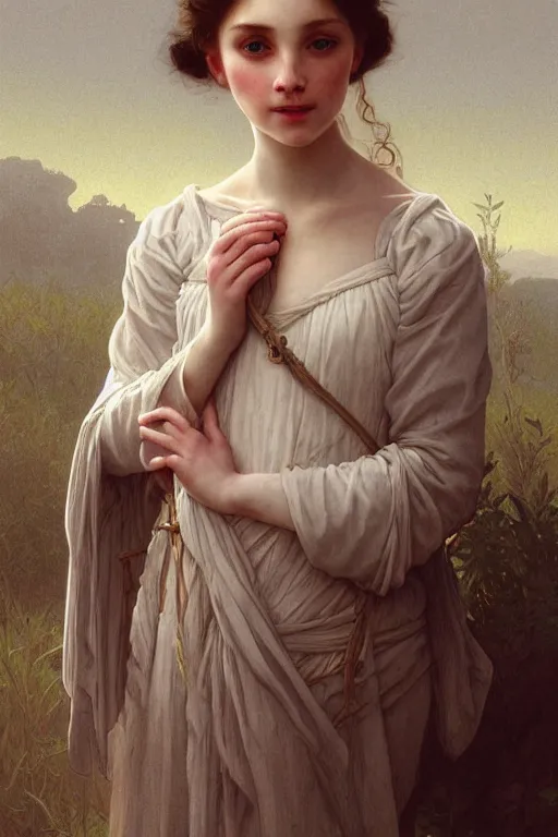 Image similar to Portrait of beautiful pale peasant girl, cinematic lighting, intricate, elegant, highly detailed, digital painting, artstation, smooth, sharp focus, illustration, art by artgerm and greg rutkowski and alphonse mucha and Wayne Barlowe and william-adolphe bouguereau