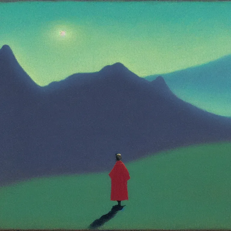 Image similar to a small figure staring at a giant mountain, bell curve, glowing, arkhip kuindzhi painting, teal palette, eschaton